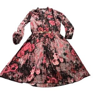 Women’s Small Long Sleeve Pink Floral Midi Dress with Belt